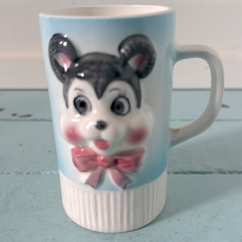 Vintage Olimco Blue Mug With Mouse Japan Mid Century Modern Child’s mug 1960’s